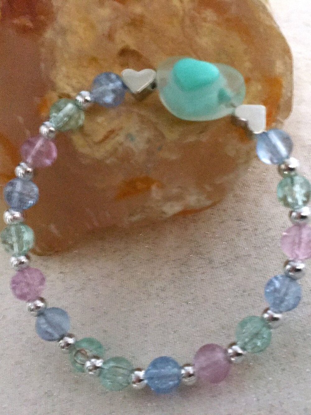 Handmade Pastel Beaded Memory Wire Bracelet w/ Teal Heart Charm